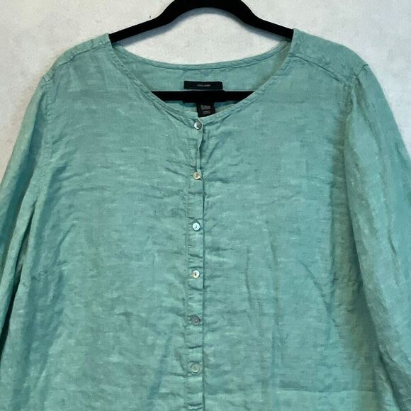 TAHARI Women’s Linen Button Front Tunic Top 2X Teal Green Long Sleeve Blouse - Picture 3 of 13